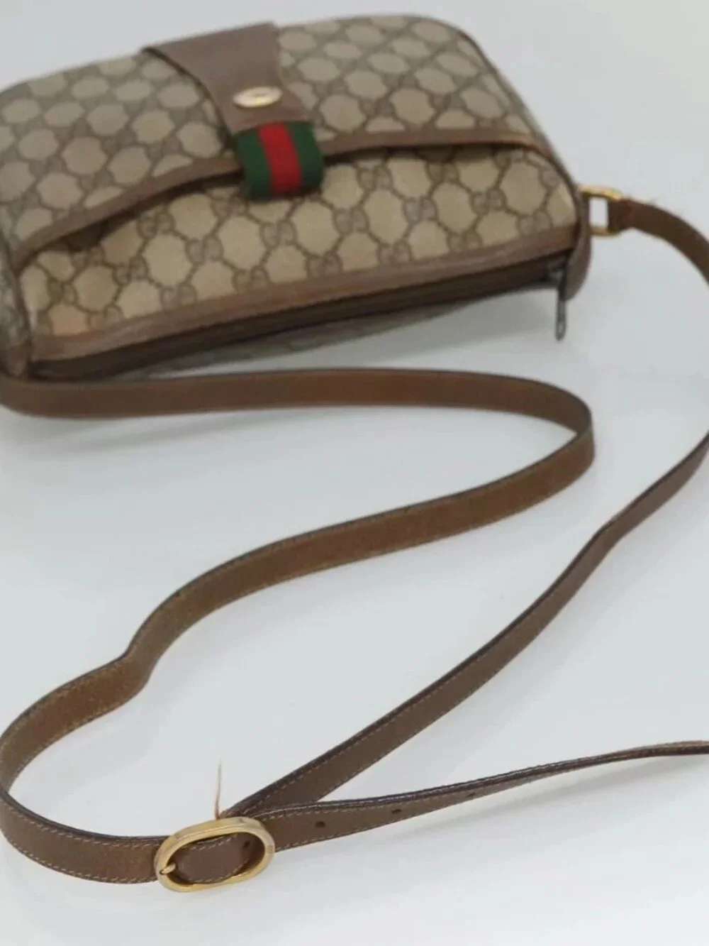 GUCCI GG Supreme Web Sherry Line Bag PVC Beige Gold - Picture 8 of 16